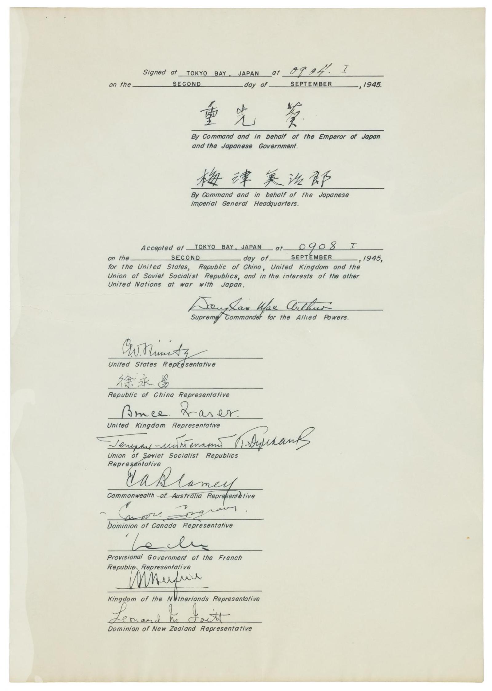 •	Official copy of the Japanese Instrument of Surrender aboard the USS Missouri ($20,000-30,000)