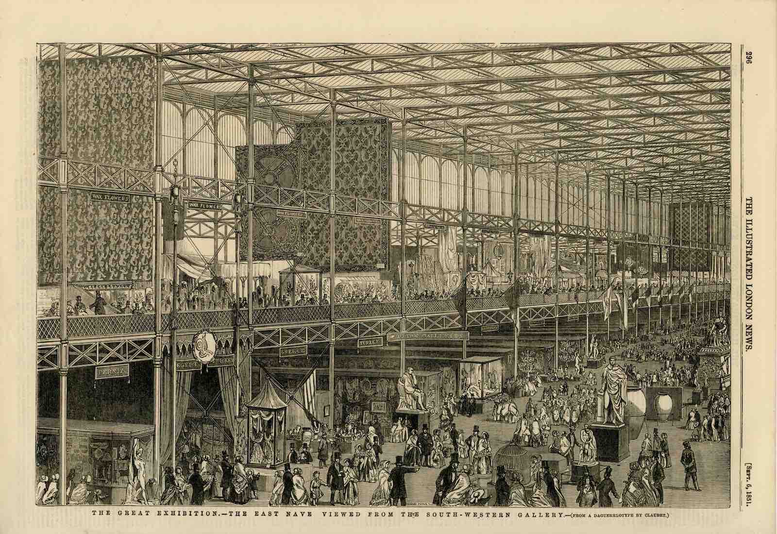 Engravers unknown (England), The Great Exhibition_ The east nave, viewed from the south-western gallery, 1851, from Illustrated London News, 6 September 1851