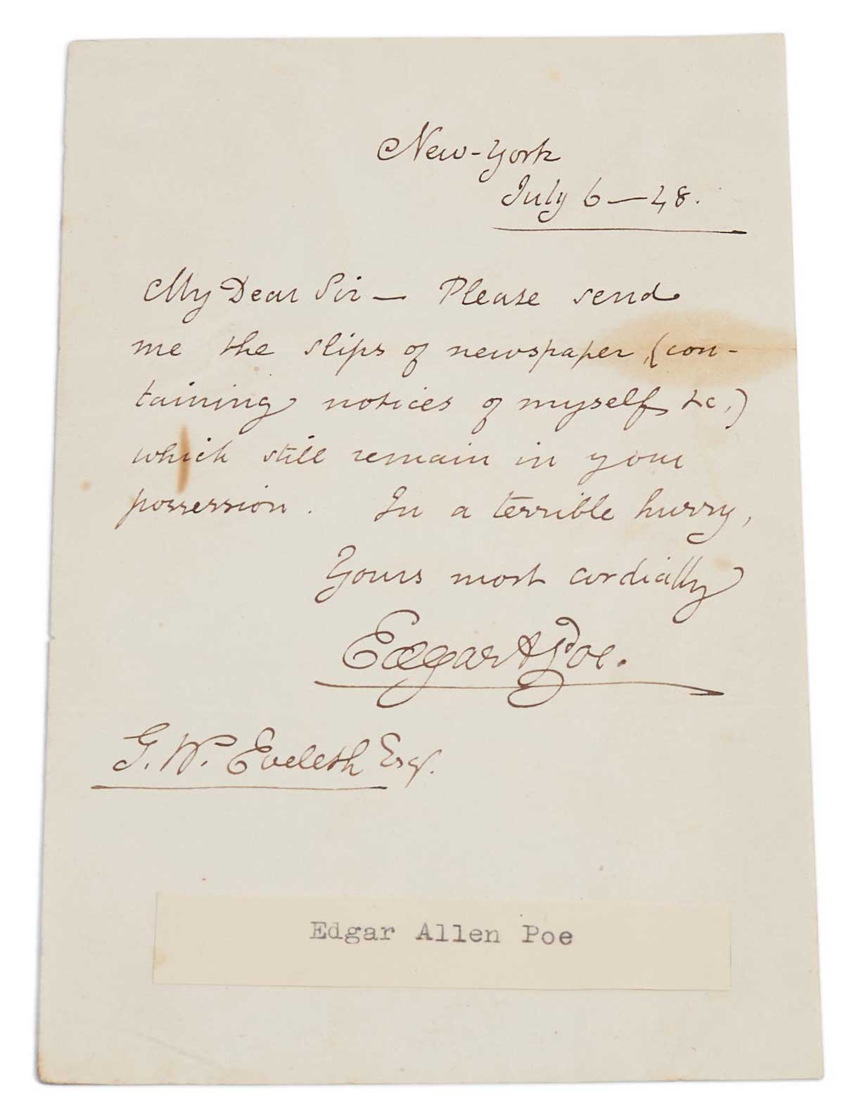 Autograph Letter Signed, July 6, 1848, by Edgar Allan Poe