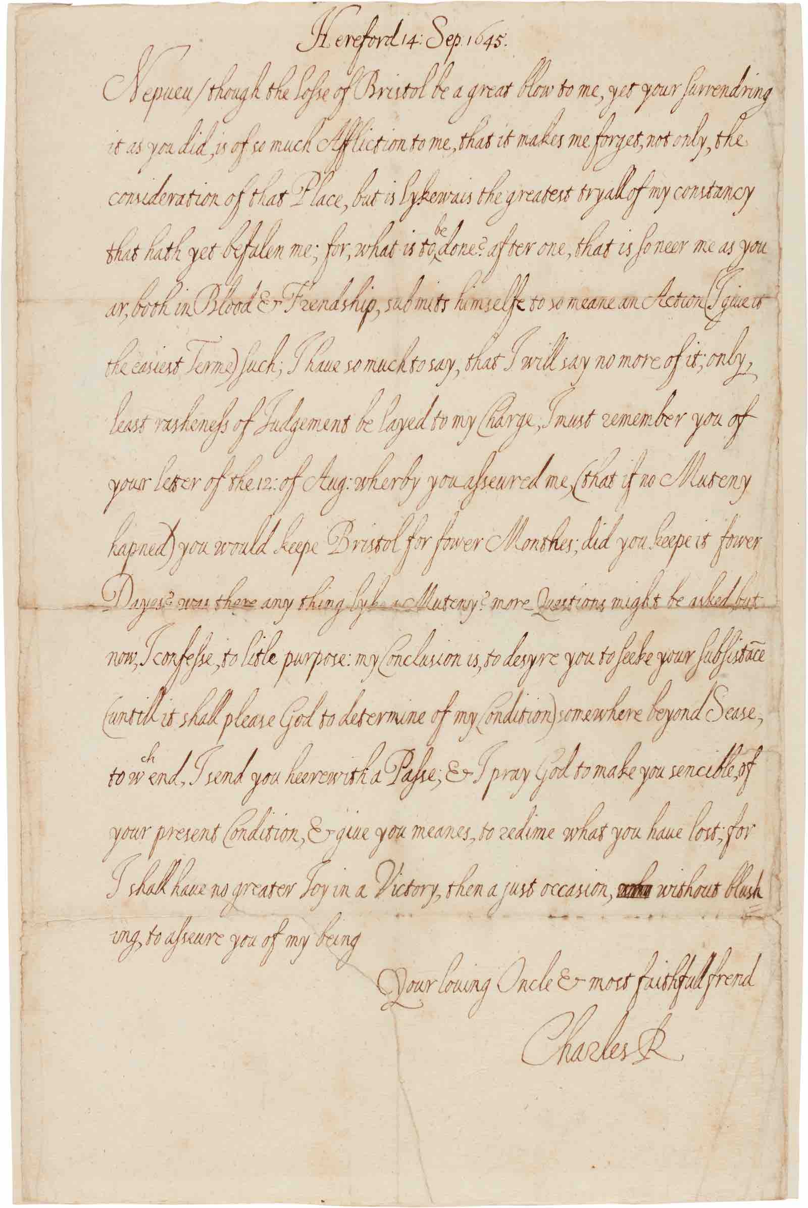 Lot 14, King Charles I, Autograph letter signed, to Prince Rupert, ordering his exile, 14 September 1645