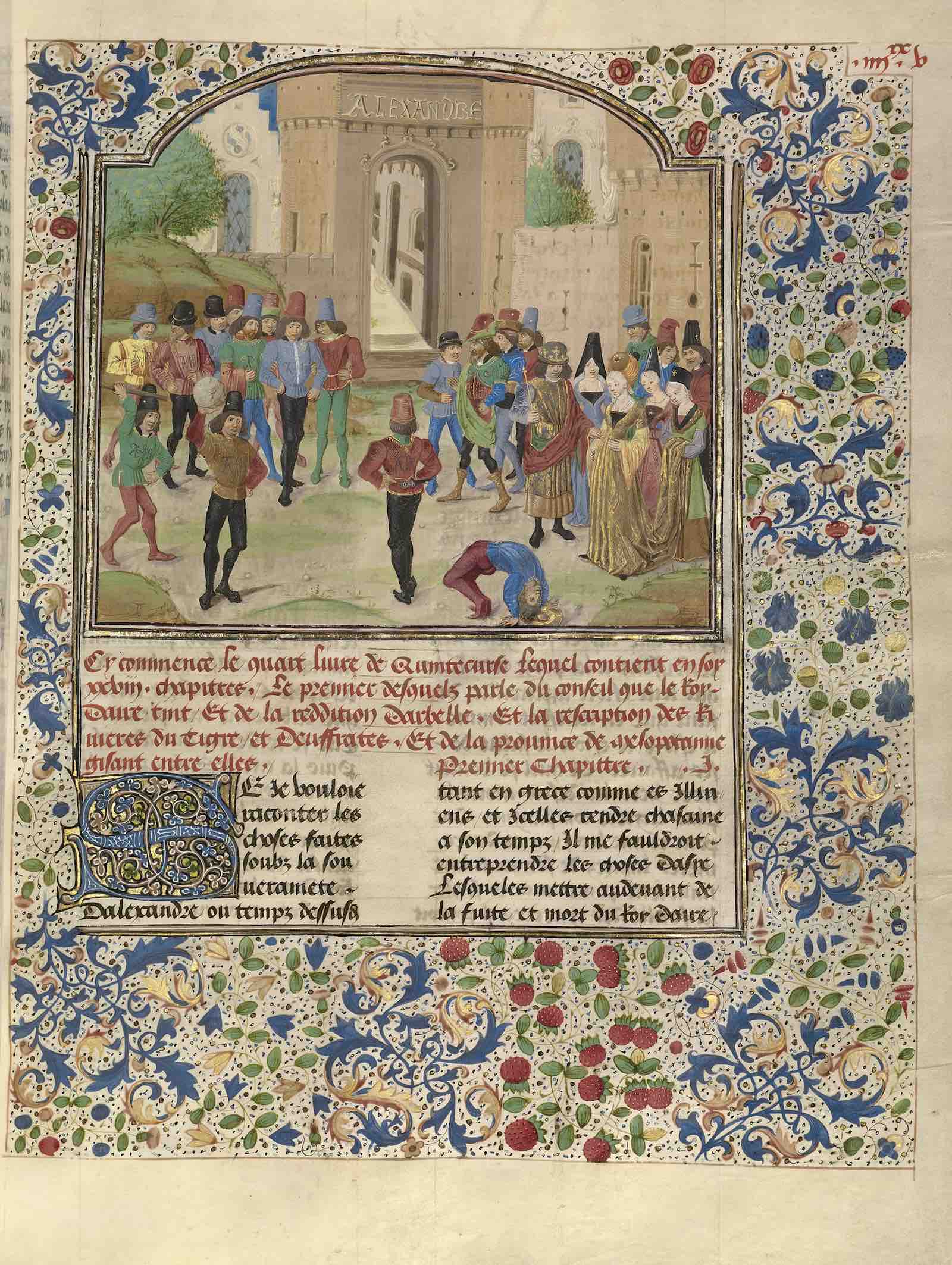 Master of the Jardin de vertueuse consolation and assistant Flemish, active 3rd quarter of 15th century, The Competition in Sittacene, about 1470-75 from Book of the Deeds of Alexander the Great. Tempera colors, gold leaf, gold paint, and ink on parchment.