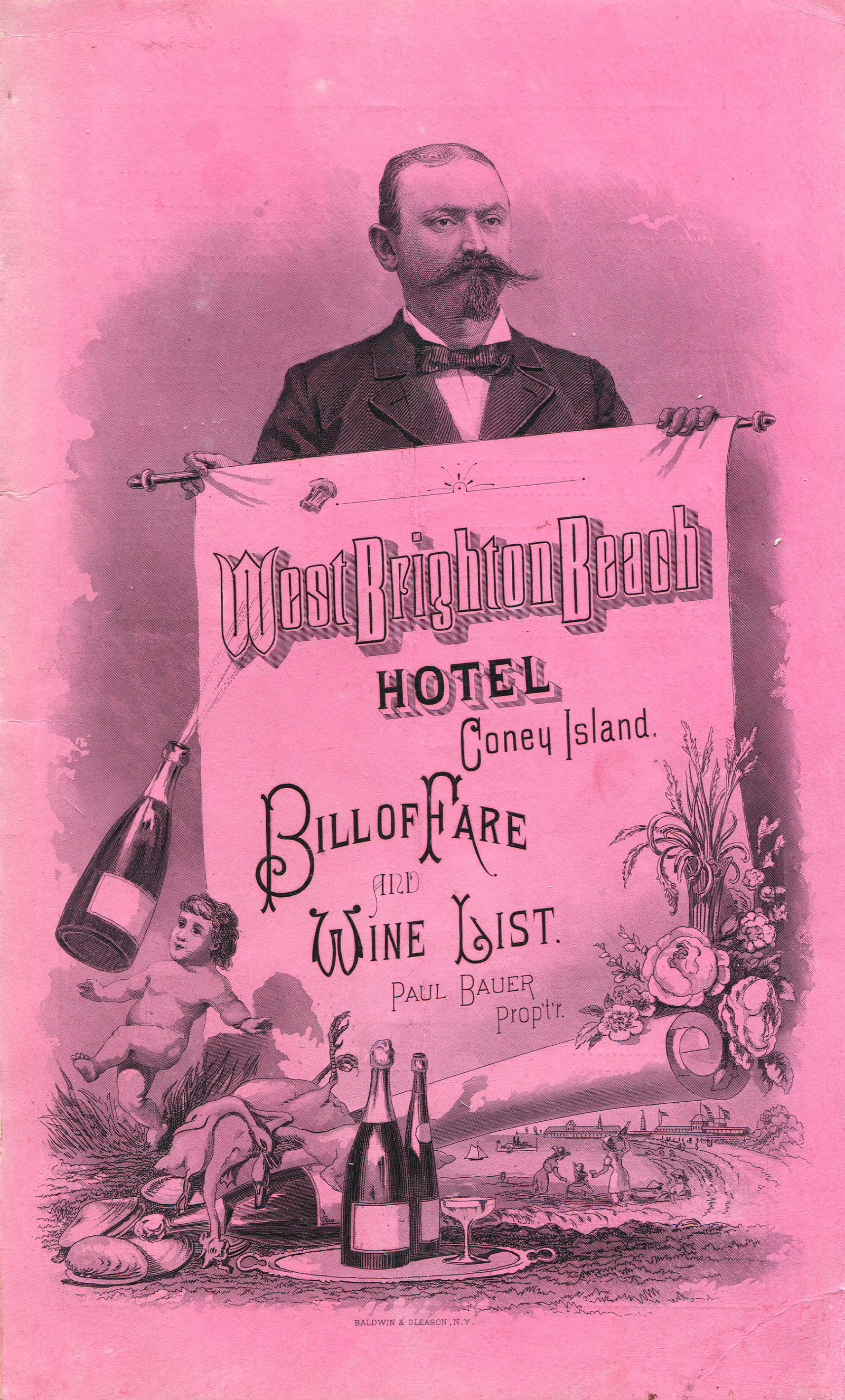 Menu for the West Brighton Beach Hotel in Coney Island illustrated with a man holding a sign for the restaurant surrounded by depictions of flowers, food, and bottles