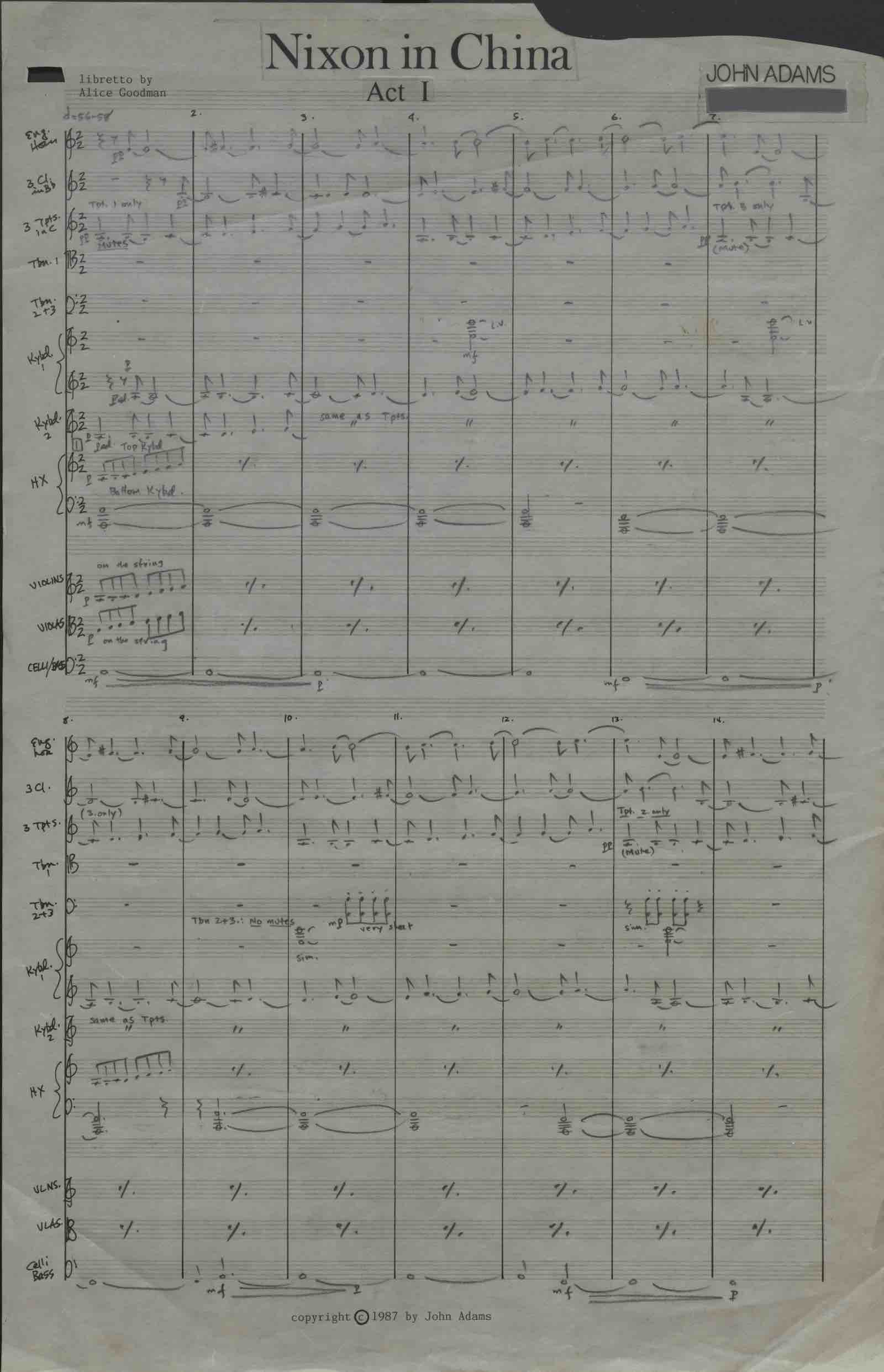 First page of holograph score of "Nixon in China" by John Adams