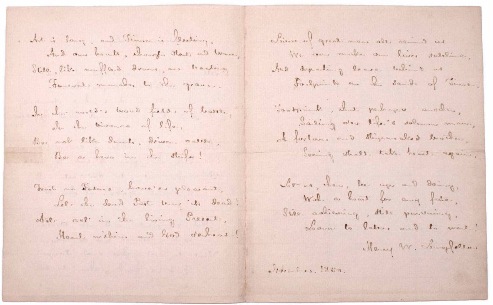 Autograph manuscript signed fair copy of Henry Wadsworth Longfellow's poem A Psalm of Life