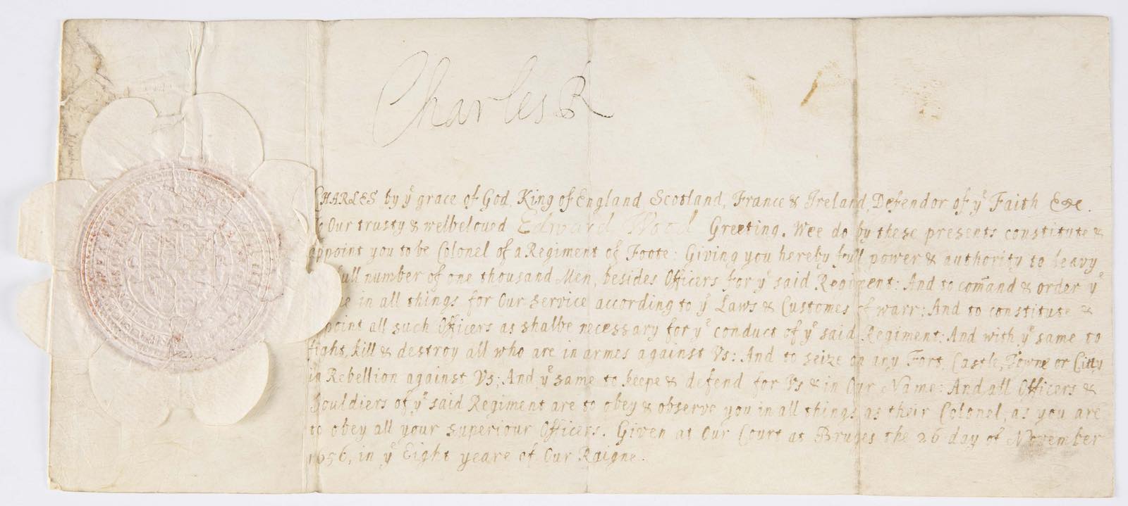 Charles II, King of England (1630-1685), signed manuscript document, dated Nov. 26, 1656 at Court in Bruges