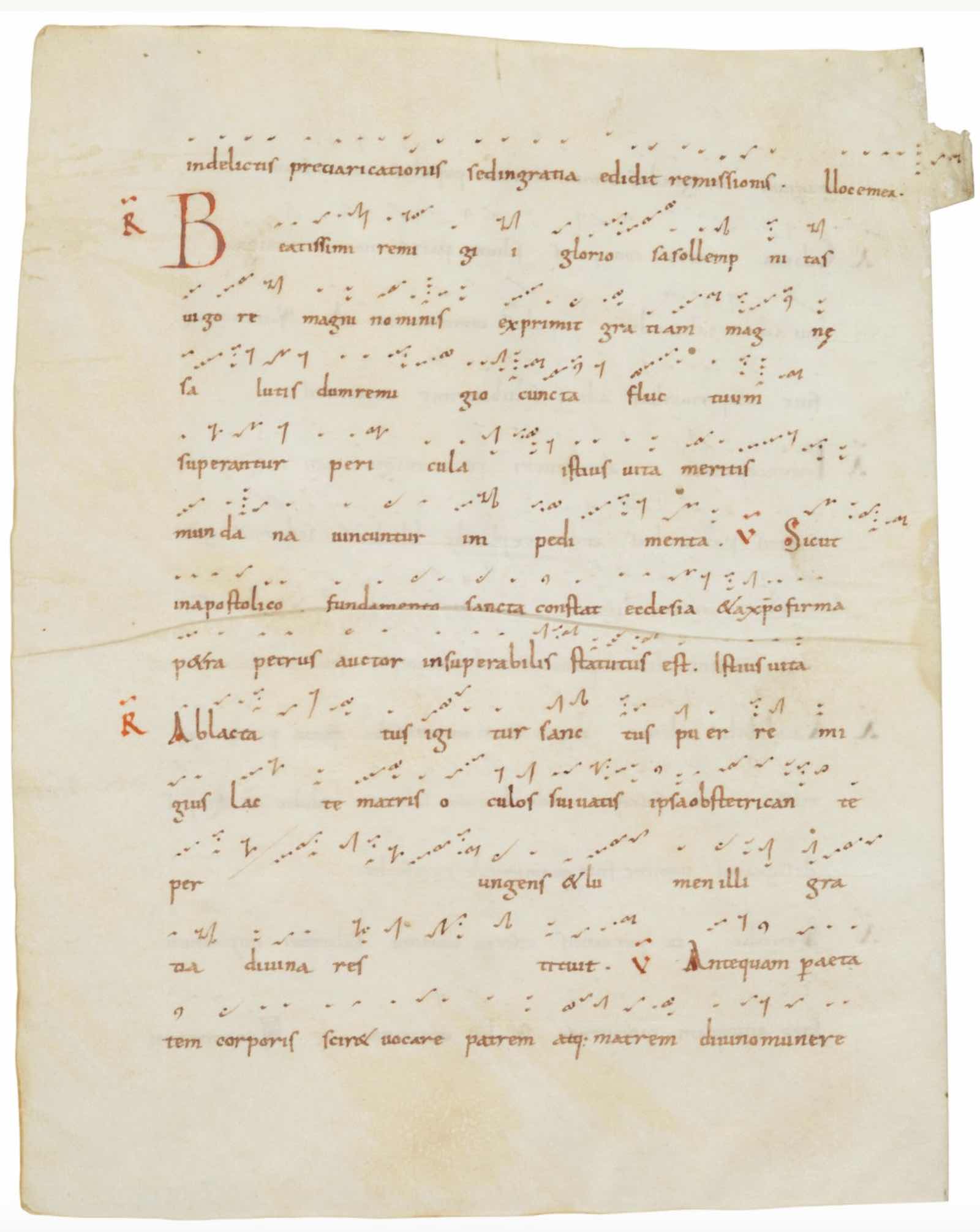 The earliest lot within the sale, a leaf from the liturgical Office of St Remigius, in Latin