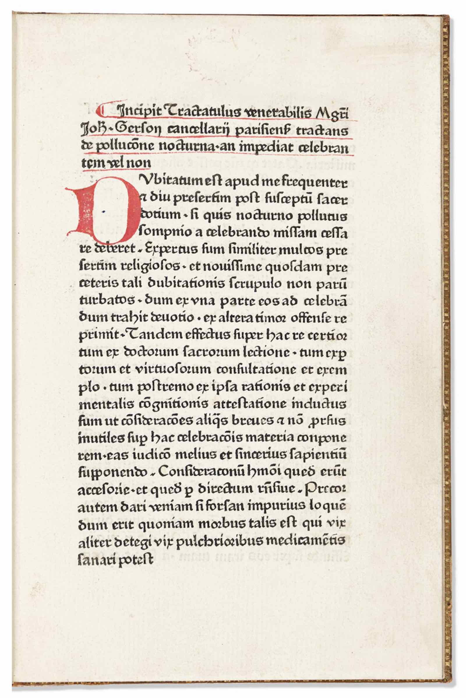 Lot 244: Johannes Gerson, De Pollutione Nocturna, Cologne, about 1467-1472. Estimate $3,000 to $5,000. From Dr. Michael Stone’s Psychiatry Collection.