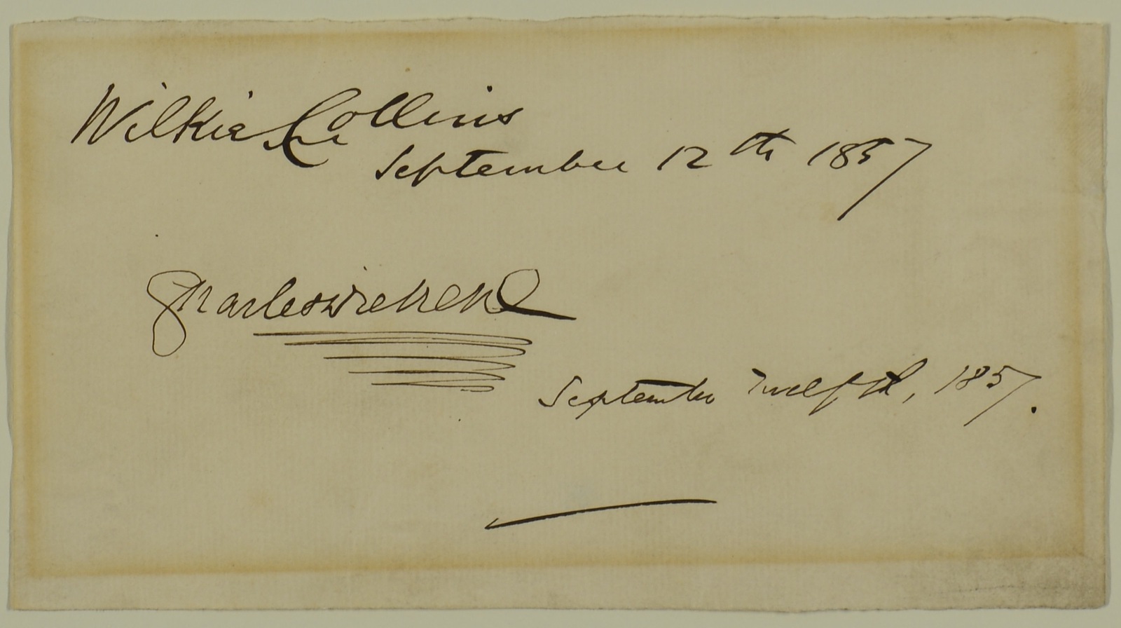 Section of hotel book with Wilkie Collins and Dickens's signatures, 1857