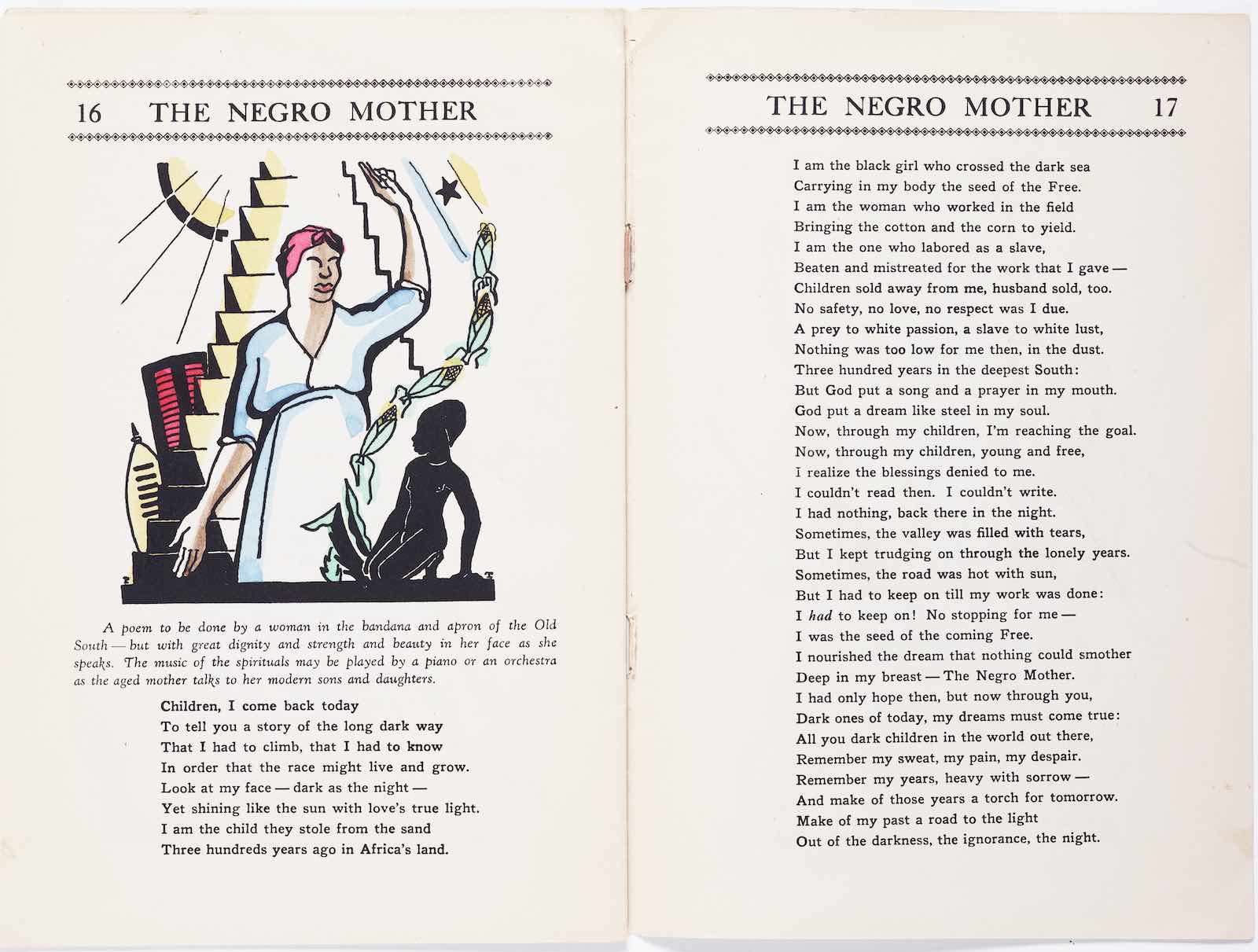 Pamphlet page spread, The Negro Mother and Other Dramatic Recitations, 1931  Prentisss Taylor (American, 1907–1991), illustrator Langston Hughes (American, 1901–1967), Golden Stair Press, New York City