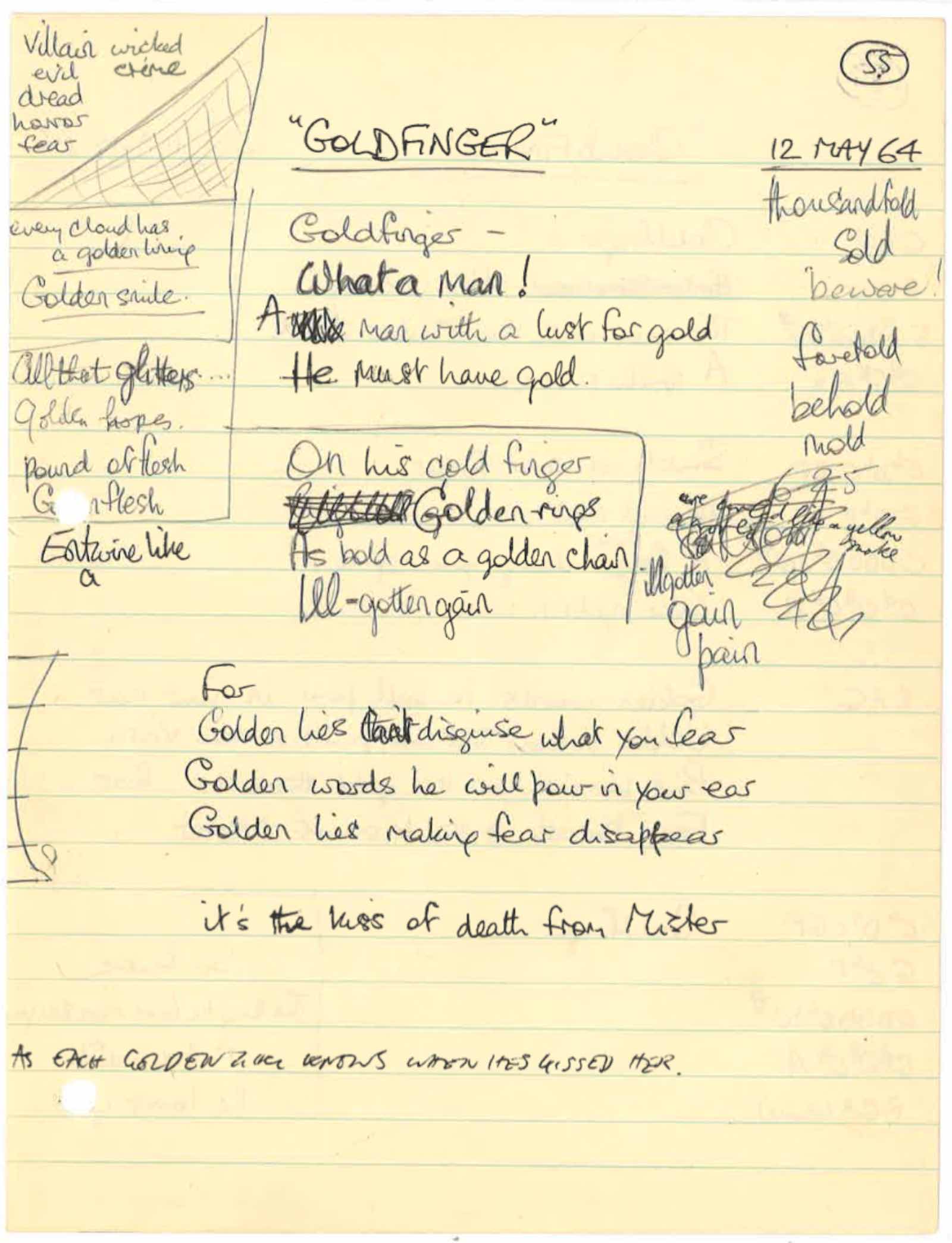 Leslie Bricusse lyric sketches for the title song for the James Bond film Goldfinger (1964) with music by John Barry