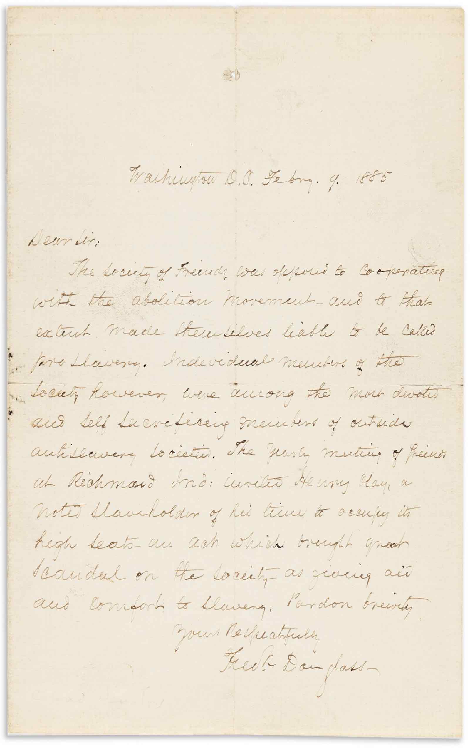 Frederick Douglass, Letter discussing the role of Quakers in the abolitionist movement