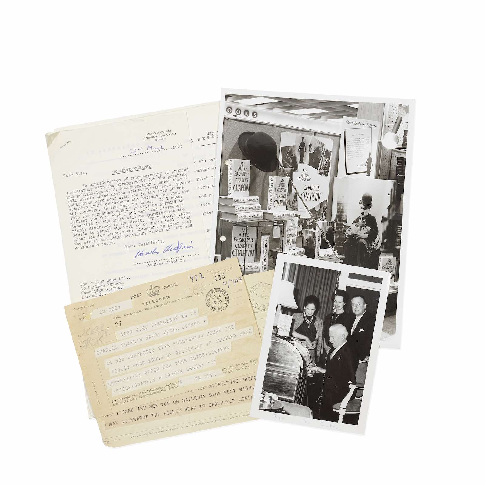 Extensive archive relating to the publication of Charlie Chaplin’s autobiography, My Autobiography. Estimate: £30,000-50,000.