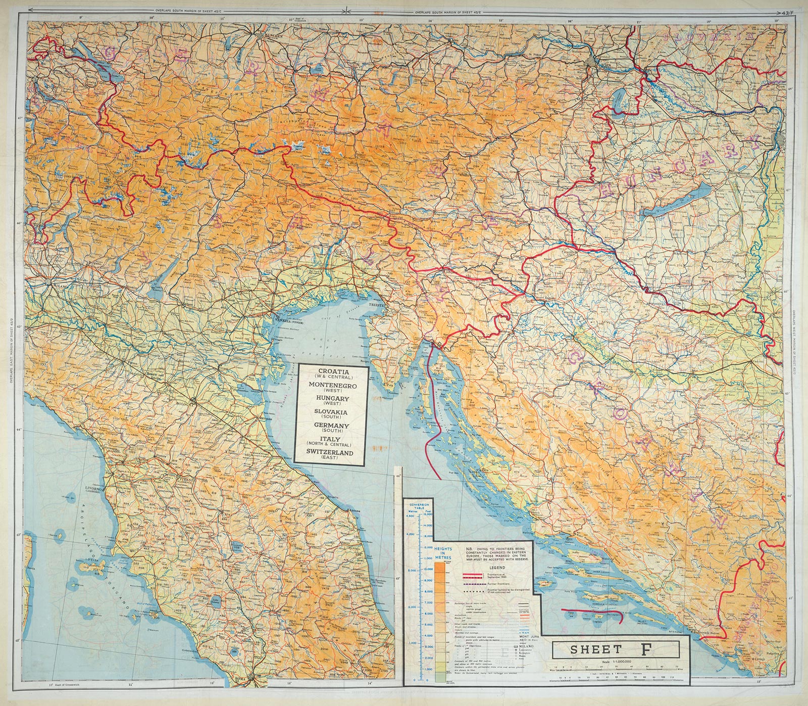 This two-sided escape map made of silk was issued by the Ministry of Defence in the UK in 1943, showing on either side countries in Europe.