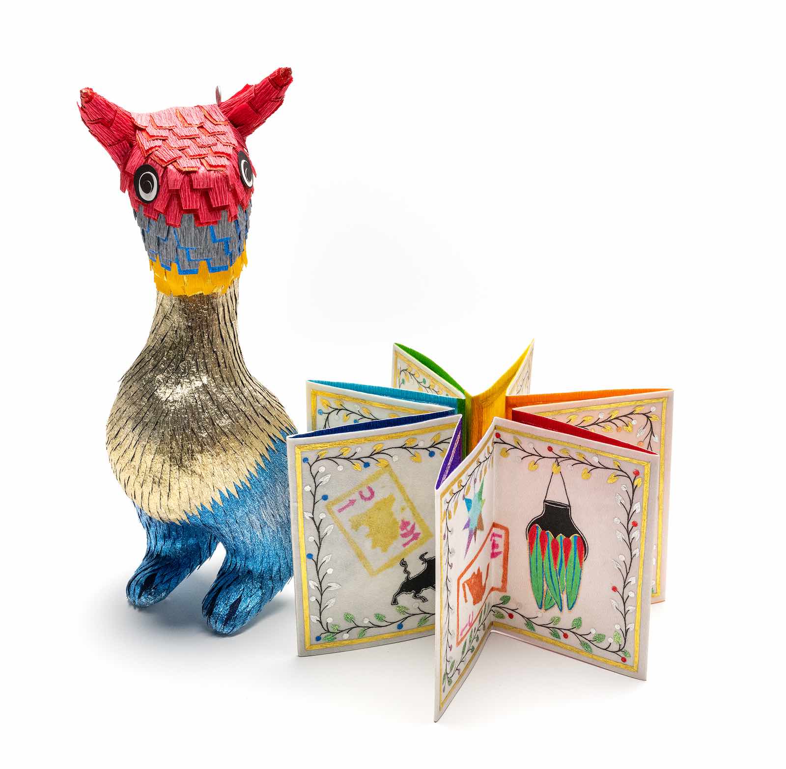 Roberto Benavidez, Illuminated Passport, 2024, goatskin parchment, glue, crepe paper, ink. Illuminated Hybrid No. 4, 2019, paper, paperboard, glue, wire, crepe paper. Unique, Commissioned by Cynthia Sears Artists' Books Collection.