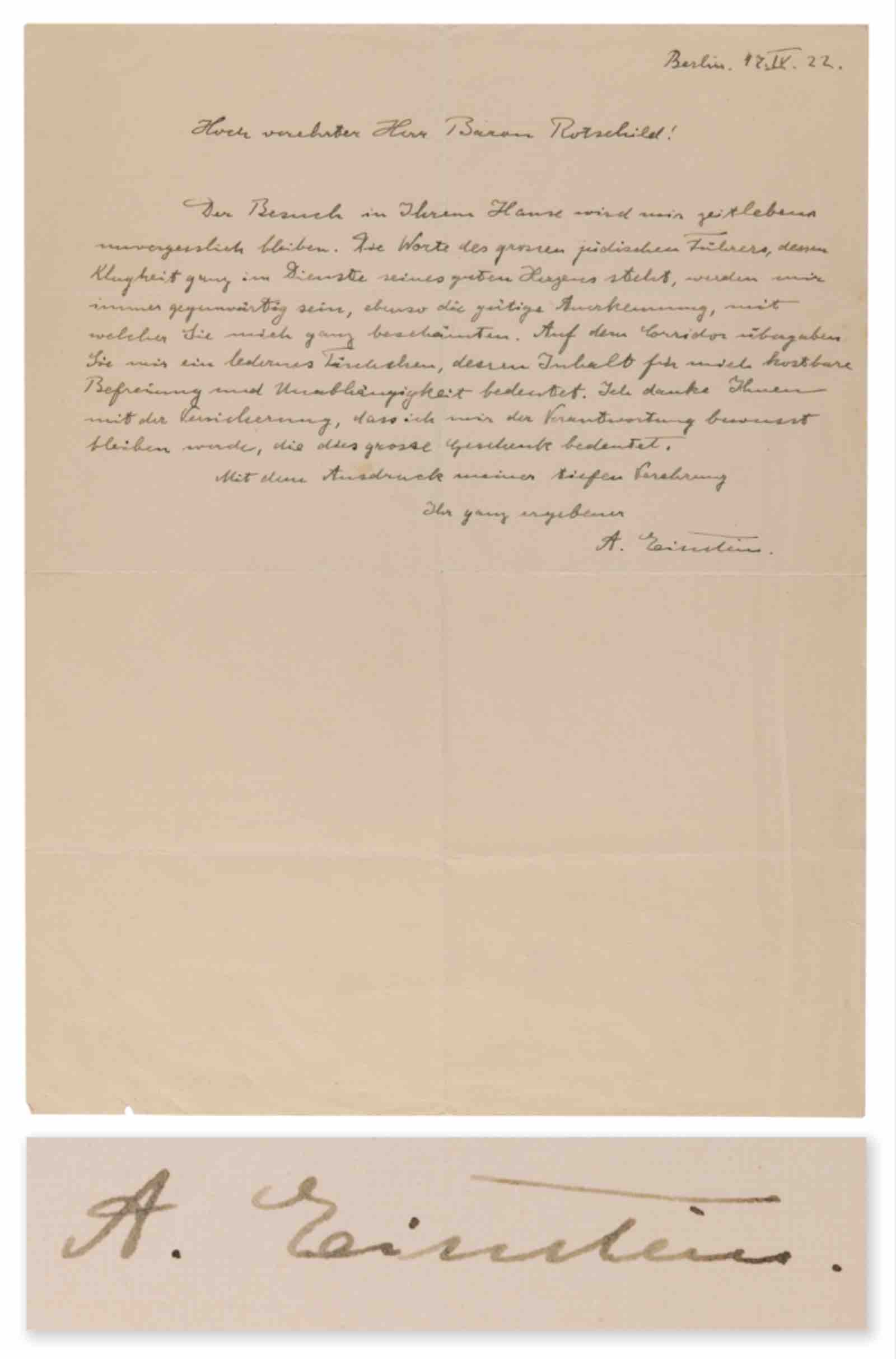 Einstein's 1922 letter to Baron Edmond de Rothschild