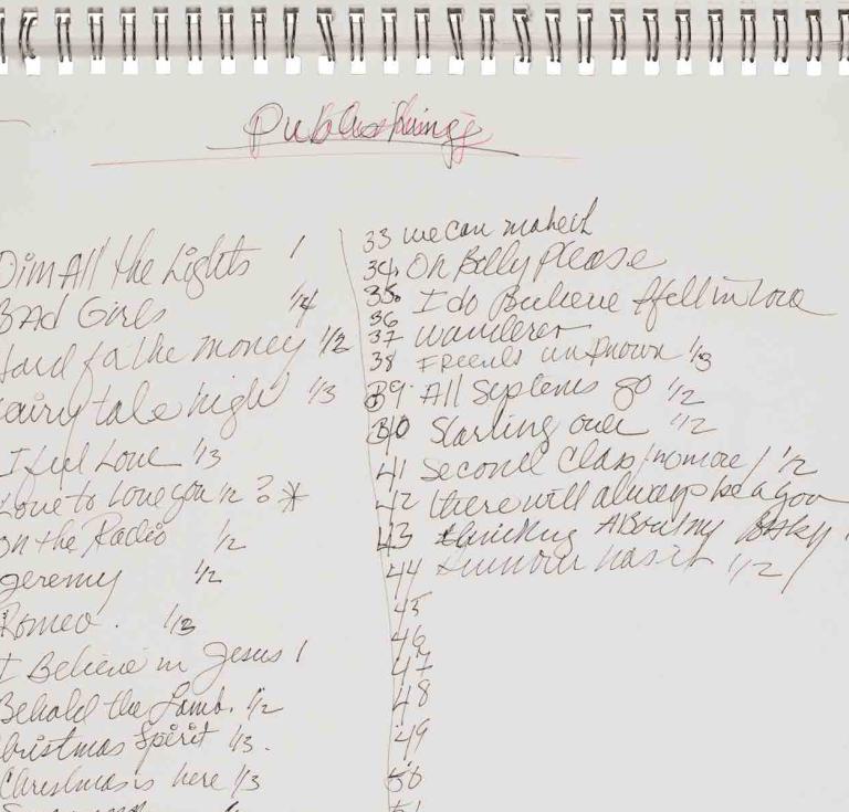 Manuscript notebook with sketches, lyris and list of Donna Summer songs, circa 1995