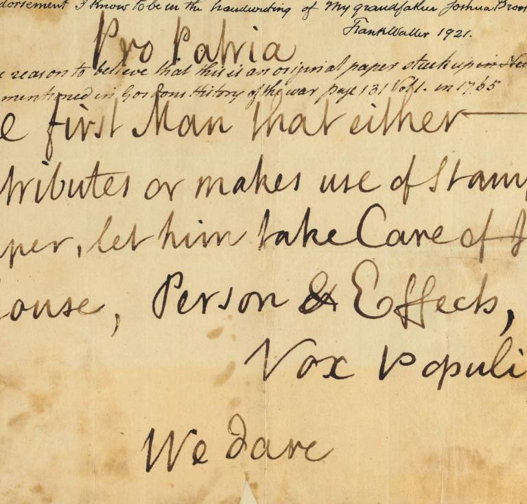 STAMP ACT CRISIS [THE SONS OF LIBERTY – LAMB, John (?) (1735 ‐1800).] Autograph document signed (“Vox Populi”), [New York, October 23‐24 , 1765]. One page, 156 x 192mm., on laid paper. Estimate: $4,000,000-6,000,000