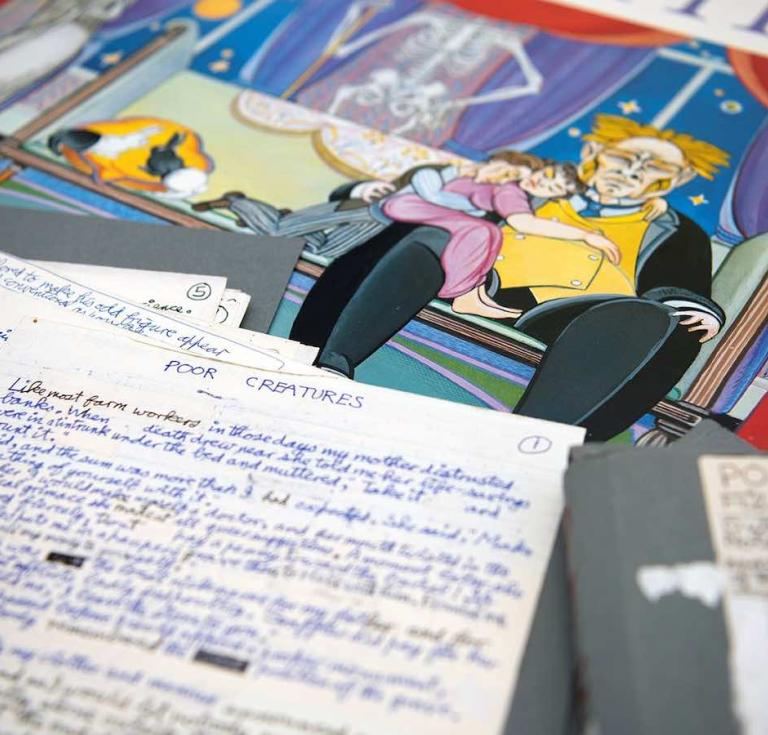 Early manuscripts of Poor Things in the hand of Alasdair Gray, as well as his artwork