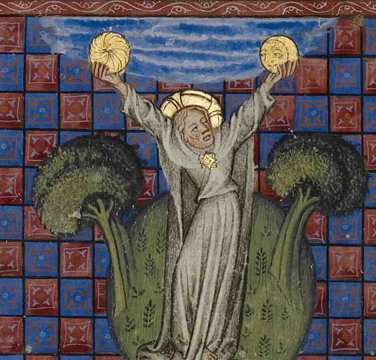The Creation of the Sun and the Moon (detail) from the Historical Bible, about 1360 –70, Master of Jean de Mandeville (French, active 1350–70). Tempera colors, gold, and ink on parchment.