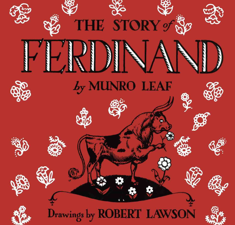 Book cover for The Story of Ferdinand illustrated by Robert Lawson and written by Munro Leaf, 1936. 
