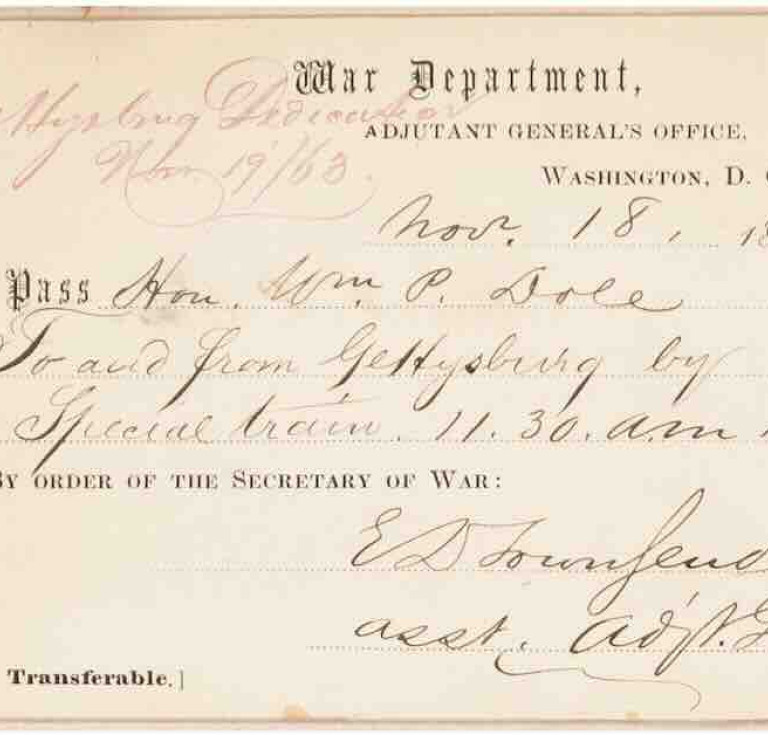 William P. Dole's Railroad Pass to Travel to Gettysburg on November 18, 1863 and Gettysburg Marshal's Ticket Dated November 19